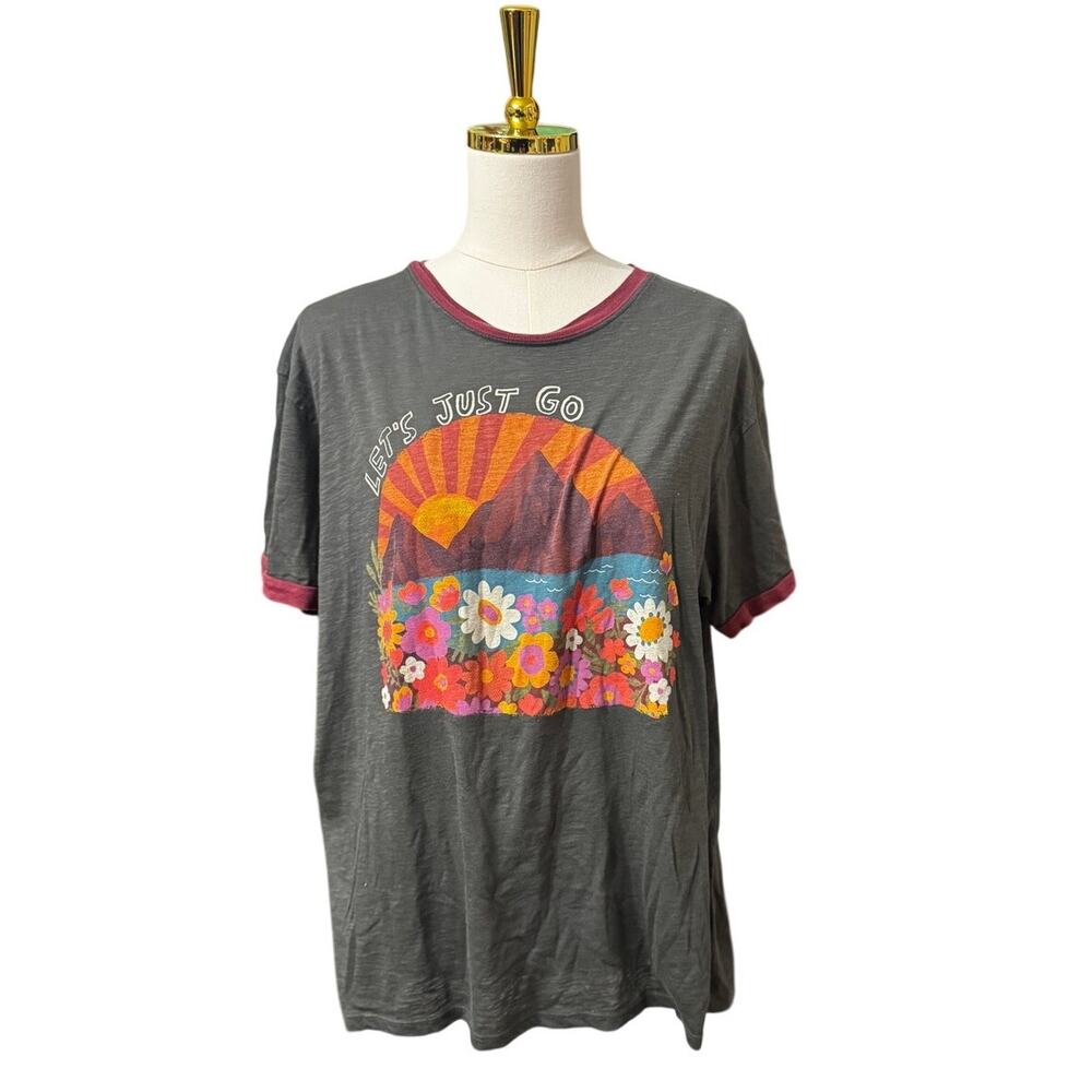 Natural Life Ringer Oversized Graphic Tee XS Fits L XL “Let’s Just Go” Floral